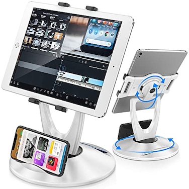 DeskLogics 360 Rotating Tablet Stand for POS Kiosk Desk Foldable iPad Holder with Phone Organizer Base Swivel Counter Mount for Retail Office Fits iPad Pro 129 Air Mini All 413 Devices
