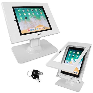 Pyle Anti Theft Tablet Security Stand Table Mount Desktop Ipad Kiosk Stand wLock and Key Mechanism 90 Rotate 75 Tilt iPad iPad Air iPad Pro Samsung Galaxy Tab A 2021 PSPADLK18 White