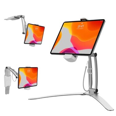 CTA Digital 3in1 iPad Tablet Mount Multipurpose Universal Kitchen Mount Holder for All iPad Tablets 713 Made for Wall Under Cabinet Desk Silver PADKMS