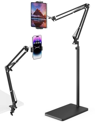mmcrz Tablet Floor Stand with 11lb Stable Base Desk Clamp Adjustable Height Stretchable Arm Swivel Dual Holder Compatible with iPhone iPad Pro Air Mini Galaxy Tab Kindle Phones 4513
