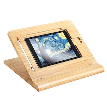 ELETIUO Tablet Stand Holder Adjustable FoldableMultiAngle Bamboo Wooden Organizer Desktop Holder for iPadStable for DrawingWatchingTyping Support Multiple Devices