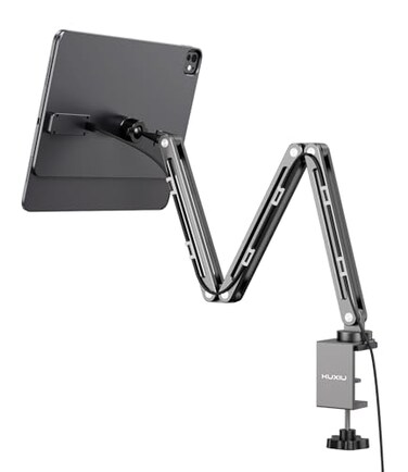 KU XIU Magnetic Wireless Charging Stand for iPad Pro 11 M4 2024 Foldable Adjustable Arm Mount with 2M Cable Aluminum Alloy Tablet Holder for Desk