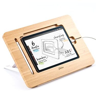 ELETIUO Adjustable Tablet Stand with PencilCharger Cable SlotBamboo Wooden Stand with Multiple AnglesOrganizer Desktop Holder for DrawingCompatible with ipadsSupport to 9711 Devices