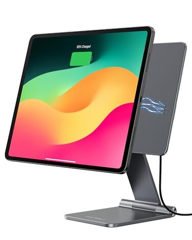 KU XIU Magnetic Wireless Charging Stand Only Compatible with iPad Air 13 M2 M3 M4 iPad Pro 129 6th5th4th3rd Aluminum Alloy Foldable Tablet Holder Adjustable Desk Stand Mount with 1M Cable