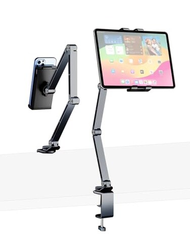 HIBORI iPad Mount for Desk Aluminum Alloy Tablet Stand Foldable Overhead Arm Holder Mount Fits for 47156 Screen PhoneKindleFire HDMonitoriPadGalaxy Tab Series Gray