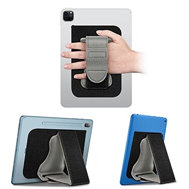 Fintie Universal Tablet Hand Strap Holder Dual Stand Supports Detachable Padded Hook Loop Fastening Handle Grip with Adhesive Patch for iPadGalaxy Tab and All 711 Tablets Gray
