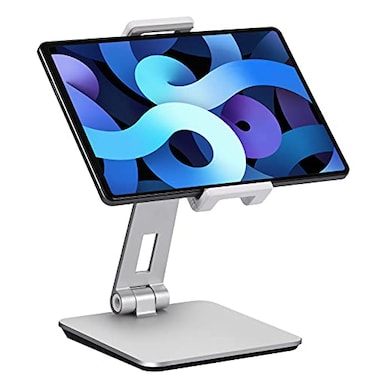 SHUOSUO Tablet Stand Adjustable Foldable 360 Swivel Heavy Aluminum Tablet Holder for Desk Compatible with iPad ProAirMini Galaxy Tab Surface Pro Kindle Fire 713 Silver