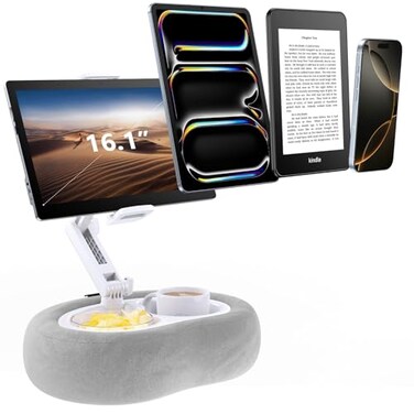 Tryone Tablet EReader Stand with Soft Plush Pillow and 2 Detachable Trays Adjustable Tablet Holder for Bed or Lap Compatible with Kindle Kobo iPad iPhone Portable Monitors 47161 Devices Gray
