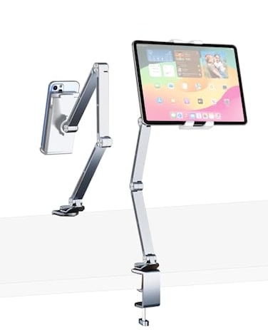 HIBORI iPad Mount for Desk Aluminum Alloy Tablet Stand Foldable Overhead Arm Holder Mount Fits for 47156 Screen PhoneKindleFire HDMonitoriPadGalaxy Tab Series Silver