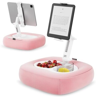 TabHolderix Tablet Pillow Stand Adjustable Kindle Holder with 2 Snack Bowls 360 Adjustable iPad Stand for Bed with 4713 iPad Kindle Phone Gift for Reading Accessories on Bed Sofa Pink