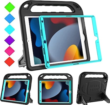 BMOUO Kids Case for iPad 9th8th7th Generation 202120202019 with Builtin Screen Protector Shockproof Handle Stand Kids iPad 102 Case Black and Turquoise