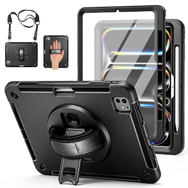 Miesherk STOCK Case for iPad Pro 11 M5 2025 M4 2024 Protective Cover for iPad Pro 11 Inch 5th Generation with Screen Protector Stand Handle Shoulder Strap Pencil Holder Black