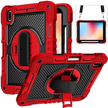Techcircle Shockproof Case for iPad A16 2025 11inch iPad 10th Gen 2022 Carrying Case with Hand StrapPencil Holder Heavy Duty Rotating Kickstand Rugged Protective Cover Red
