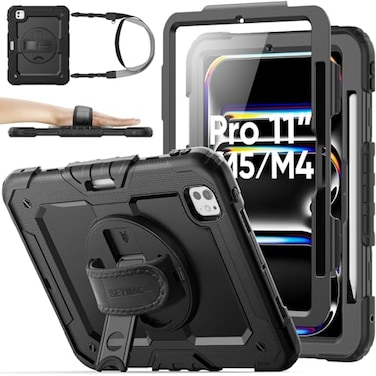 SEYMAC stock Case for iPad Pro 11inch M5M4 20252024 Shockproof Heavy Duty Case with Screen Protector Pencil Holder Rotating Stand Hand Strap Shoulder Strap Black