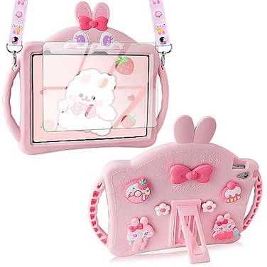 VOFUOE for iPad 10th Generation Case 109 Inch 2022 Kids Girls for iPad A16 Case 11th Generation 2025 with Screen Protector Shoulder Straps Handle Cute Rabbit Soft Silicone Tablet CoverPink