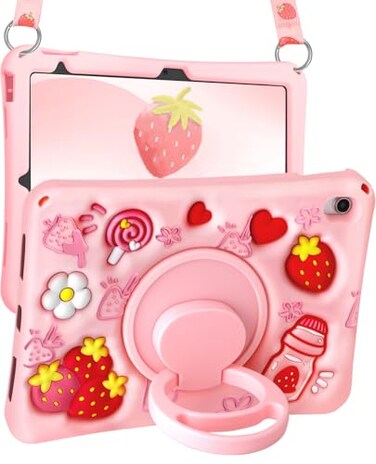 Boaretiu&hellip;&curren; Boaretiu for iPad A16 Case10th Generation Case for Girls Teens Strawberry Soft Silicone Cute with Shoulder Strap Rotating Stand for iPad 11th Generation Case 11 Inch 2025