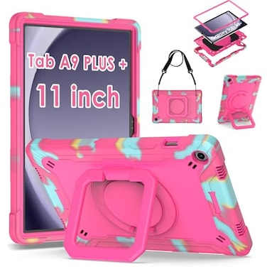 DETUOSI Case for Samsung Galaxy Tab A9 Plus 11 inch 2023 Tab A9 Plus Shockproof Cover with 360Rotatable Stand Shoulder Strap Heavy Duty Case for SMX210X216X218 Camouflage Rose Red