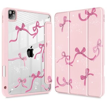 Tuiklol for iPad Pro 11 Inch 4th 3rd 2nd 1st Gen 2022 2021 2020 2018 Case Builtin Pencil Holder Shockproof Cover Clear Transparent Back Shell with Auto WakeSleep BowPink