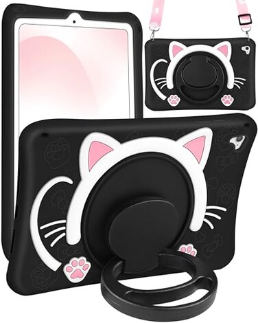 Wazzasoft for iPad 6th GenerationAir 2 Pro 97 Inch Case Girls Cute Black Cat Cover Girly Kawaii with Rotating Handle Stand Strap Silicone Funda for iPad Cases 6th GenAir2Pro 97