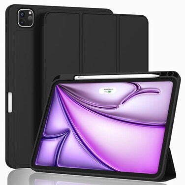 ZryXal New iPad Air 13 Inch Case M3 2025M2 2024 with Pencil Holder Trifold Stand Smart Case with Soft TPU BackAuto WakeSleep Black