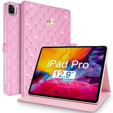 Changjia for iPad Pro 129 Inch Case 6th5th4th3rd Generation 2022202120202018Crown Diamond Bling Cute PU Leather Smart Auto SleepWake Stand Shockproof Protective Case for iPad 129 InchPink