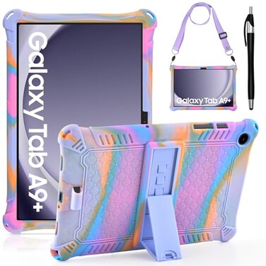 DETUOSI Compatible with Samsung Galaxy Tab A9 Plus Case 11 inch 2023 with Shoulder Strap Stylus Pen Soft Silicone MultiAngle Case for Galaxy Tab A9 Tablet SMX210X216X218 Rose Red Purple