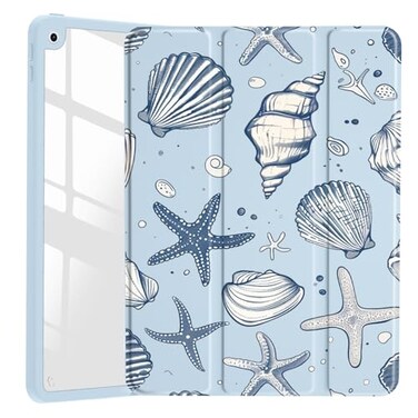 JOYLAND Sea Shells Case for iPad 7th8th9th Generation Clear Transparent Acrylic Hard Back Ice Blue Case with Pencil Holder Trifold Stand Tablet Cover for iPad 102 201920202021