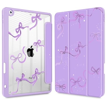 May Chen for iPad 9th Generation with Pencil Holder iPad 8th7th Gen Case 102inch Penceil Holder Trifold Stand Auto WakeSleep Clear TPU Protection Back Cover Purple Bows