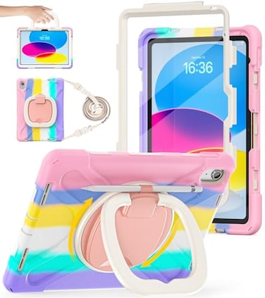 BATYUE Case for iPad A16 11th10th Gen 11109 Heavy Duty Shockproof Cover for Kids with 360 Rotating 180 Folding Stand Screen Protector Shoulder Strap Pencil Holder Colorful Pink