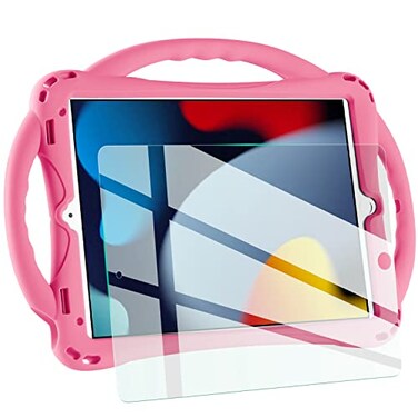 TopEsct Kids Case for iPad 102 inch Shockproof Silicone Cover with Tempered Glass Screen Protector and Strap Compatible with iPad 9th8th7th Gen 2021 Pink