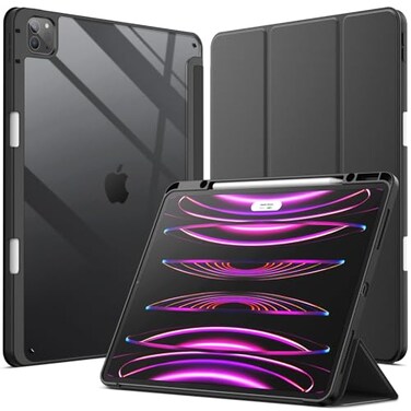 JETech Case for iPad Pro 129Inch 2022202120202018 with Pencil Holder Clear Transparent Back Shell Slim Stand Shockproof Tablet Cover Auto WakeSleep Black
