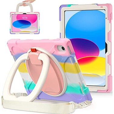 BKOUNCTK for iPad A16 11th10th Generation Case 20252022 11109Heavy Sturdy Shockproof Kids Case with Screen ProtectorRotating StandPencil HolderShoulder Strap Colourful Pink