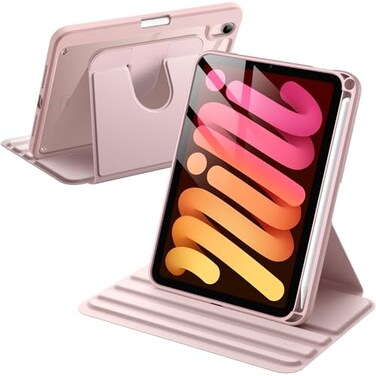 JETech Rotating Case for iPad mini A17 Pro 2024 Model 7th Generation mini 6 2021 Model 6th Generation with Pencil Holder 360 Degree Rotation Protective Stand Cover Clear Back Pink