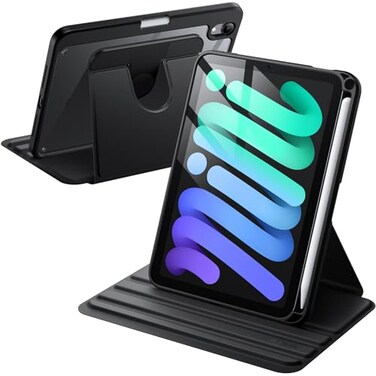 JETech Rotating Case for iPad mini A17 Pro 2024 Model 7th Generation mini 6 2021 Model 6th Generation with Pencil Holder 360 Degree Rotation Protective Stand Cover Clear Back Black