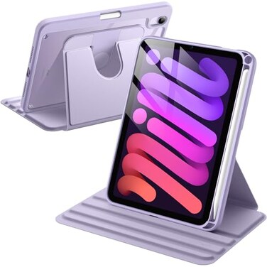 JETech Rotating Case for iPad mini A17 Pro 2024 Model 7th Generation mini 6 2021 Model 6th Generation with Pencil Holder 360 Degree Rotation Protective Stand Cover Clear Back Purple