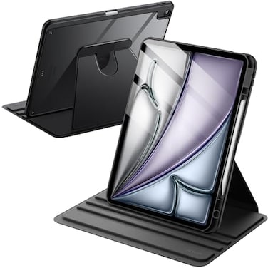 JETech Rotating Case for iPad Air 13Inch M4M3M2 202620252024 with Pencil Holder 360 Degree Rotation Protective Stand Cover Clear Back Auto WakeSleep Black