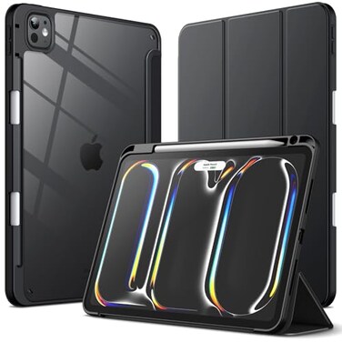 JETech Case for iPad Pro 11Inch M5M4 20252024 6th5th Generation with Pencil Holder Clear Transparent Back Shell Slim Stand Shockproof Tablet Cover Auto WakeSleep Black