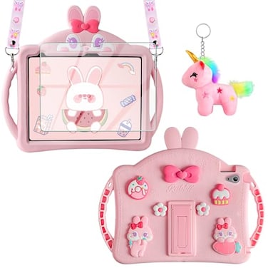 WESADN for iPad 10th Generation Case 109 Inch 2022 Kids Girls for iPad A16 Case 11th Gen 11 Inch 2025 with Screen Protector Shoulder Strap Kickstand Keychain Cute Rabbit Silicone Tablet CoverPink