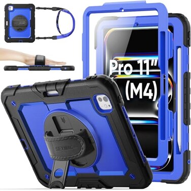 SEYMAC stock Case for iPad Pro 11inch M5M4 20252024 Shockproof Heavy Duty Case with Screen Protector Pencil Holder Rotating Stand Hand Strap Shoulder Strap Blue