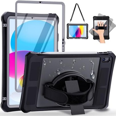 Hllhunkhe Waterproof Case for iPadA16 11th Generation 11 inch 202510th Generation 109 Inch 2022 Case with Screen Protector with Pencil Holder Stand Shoulder Strap Handle FullBody Rugged Cover Black