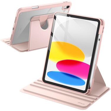 JETech Rotating Case for iPad A16 11th10th Generation 20252022 with Pencil Holder 360 Degree Rotation Protective Stand Cover Clear Back Auto WakeSleep Sandy Pink