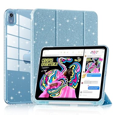 Lainergie Case for iPad A16 11th Generation 11inch 2025 iPad 10th Generation 109inch 2022 Cute Glittering Sparkly Shockproof Cover with Sparkly Crystal Clear Back and Pencil Holder Blue