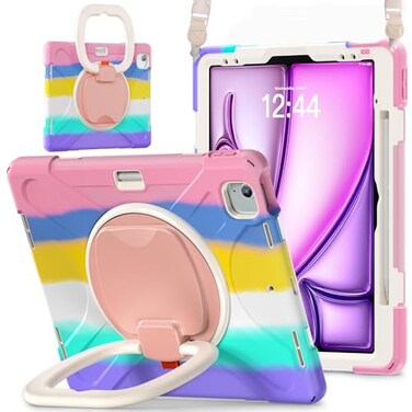 Batianda Case for iPad Air 13 inch 2025 M3 2024 M2 Chip Heavy Duty Rugged Durability Silicone Tablet Cover with 360 Rotating Ring Foldable Kickstand Shoulder Strap Colorful Pink