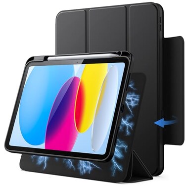 JETech Magnetic Detachable Case for iPad A16 11th10th Generation 20252022 with Pencil Holder Removable Rotating Clear Cover PortraitLandscape Stand with Raised Screen View Black