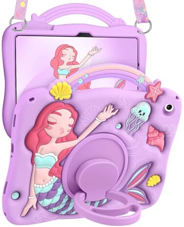 Boaretiu&hellip;&curren; Boaretiu for Galaxy Tab A9 Plus Case Cute Cartoon Mermaids Soft 3D Silicone for Samsung A9 Plus Tablet Case with Strap Rotating Stand Girls Teens Tab A9 11 Inch Tablet Cover