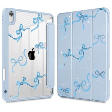 May Chen for iPad A16 11th Generation Case 11 Inch 2025 iPad 10th Gen Case 2022 109 inch Builtin Pencil Holder with Shockproof Cover Clear Transparent Back Shell Auto WakeSleep Bows Blue