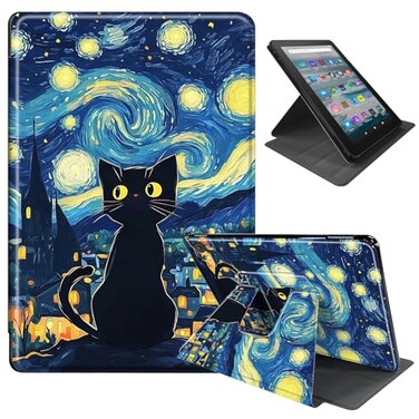 DEGDFSGR for AllNew Amazon Kindle Fire HD 10 Tablet 13th Generation 2023 Release Soft TPU Buffer PU Leather Cover Auto WakeSleep 360 Swivel Stand Starry Night Black Cat Amazon Fire Hd 10 Tablet 2023