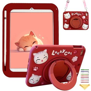 UUcovers Kids Case for iPad mini 7 A17 Pro 2024 iPad mini 6 2021 83 with Pencil HolderShoulder Strap 360 Rotating Ring HandleStand Soft Cover for iPad mini 7th6th Generation Red Lucky Cat
