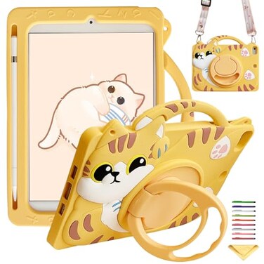 UUcovers Kids Case for iPad mini 7 A17 Pro 2024 iPad mini 6 2021 83 with Pencil HolderShoulder Strap 360 Rotating Ring HandleStand Soft Cover for iPad mini 7th6th Generation Yellow Cat