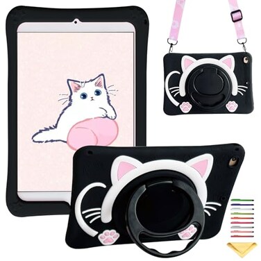 UUcovers Kids Case for iPad A16 11th Gen 11 2025iPad 10th Generation 109 inch 2022 360 Rotating Ring HandleStand Case with Pencil HolderShoulder Strap Girl Boy Cute Soft CoverBlack Cat Kitty